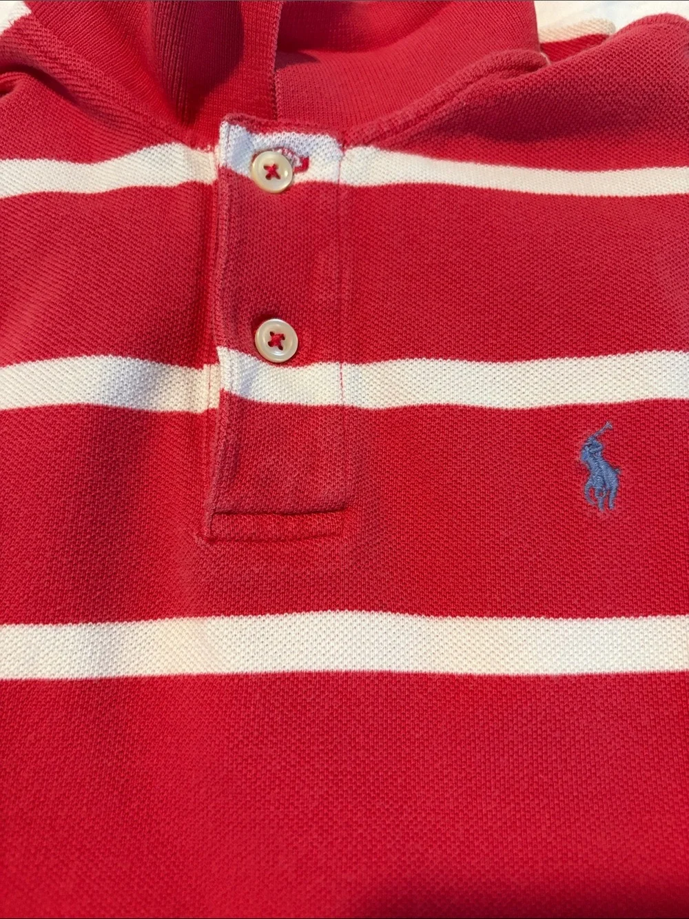 Ralph Lauren Boys’ Coral Red and White Striped Polo Shirt w Blue Horse Size 7